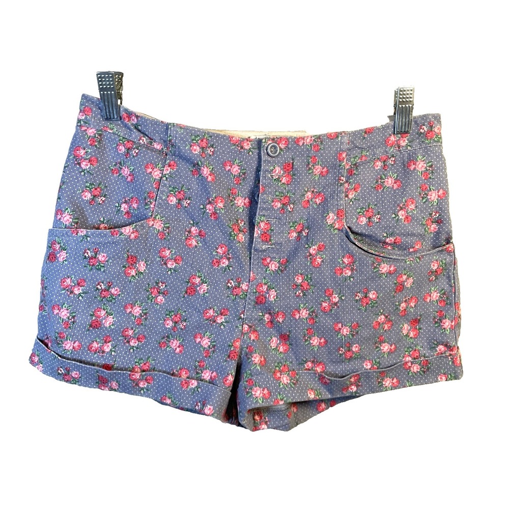Women's Juniors Y2K Shorts Medium Cottagecore Floral Blue Lucca Couture Rave